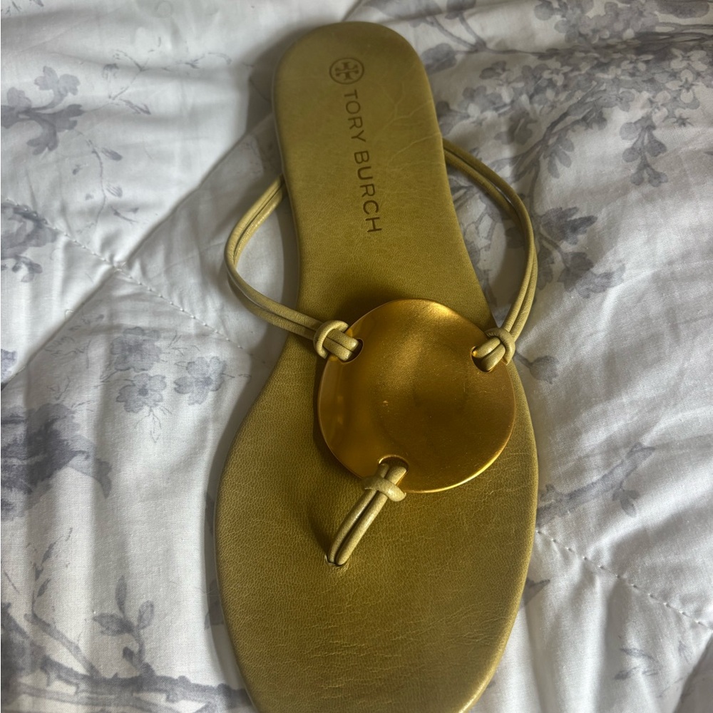 Tory Burch Pato Olive & Gold Disk Sandals - Picture 2 of 11